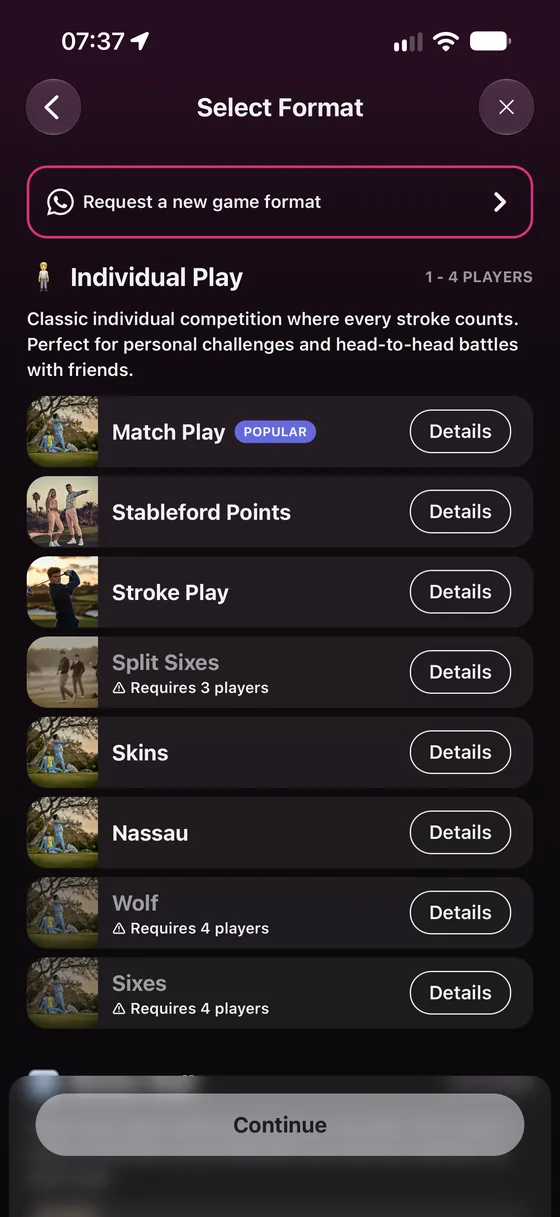 Golf Daddy format selection screen listing Skins, Nassau, Wolf and more