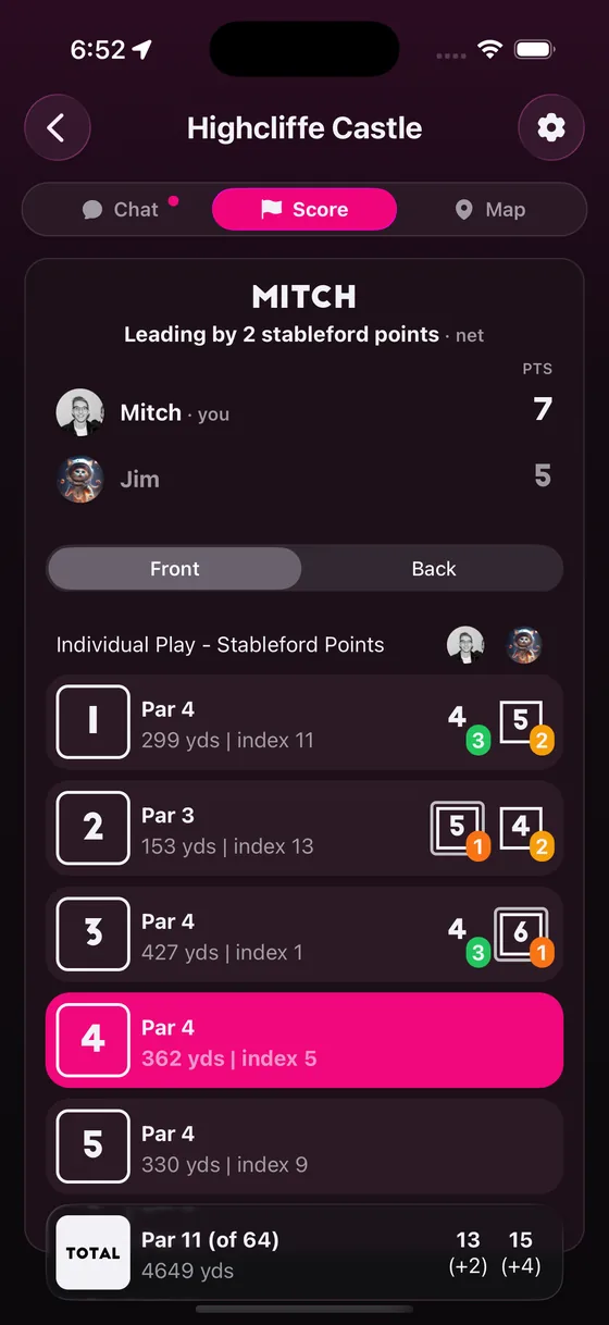 Golf Daddy live scorecard showing a head-to-head match